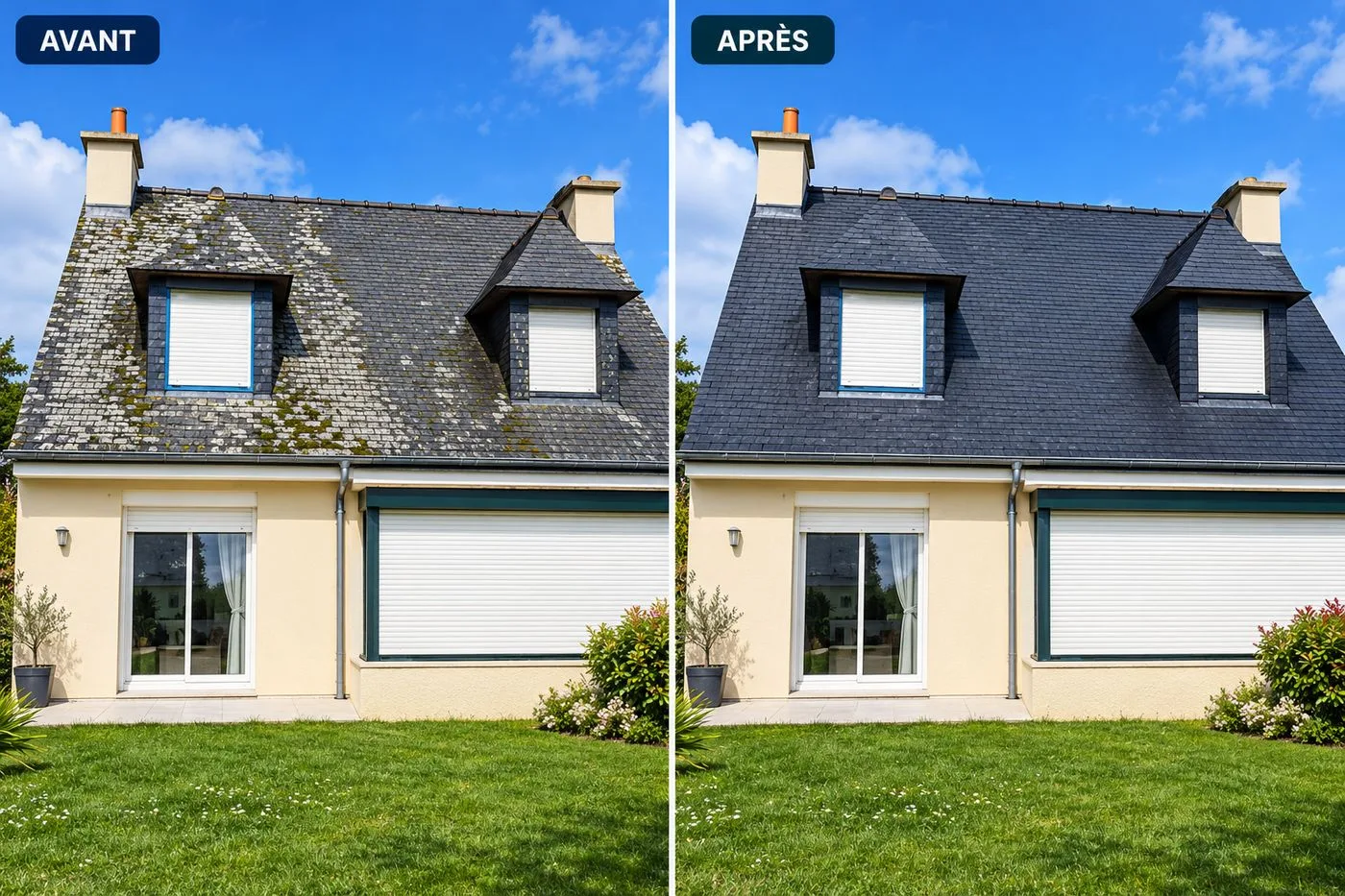 Toiture en ardoise avant et après démoussage et traitement hydrofuge