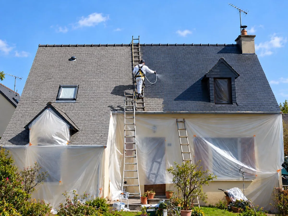 Technicien protégé appliquant le traitement sur une toiture en ardoise