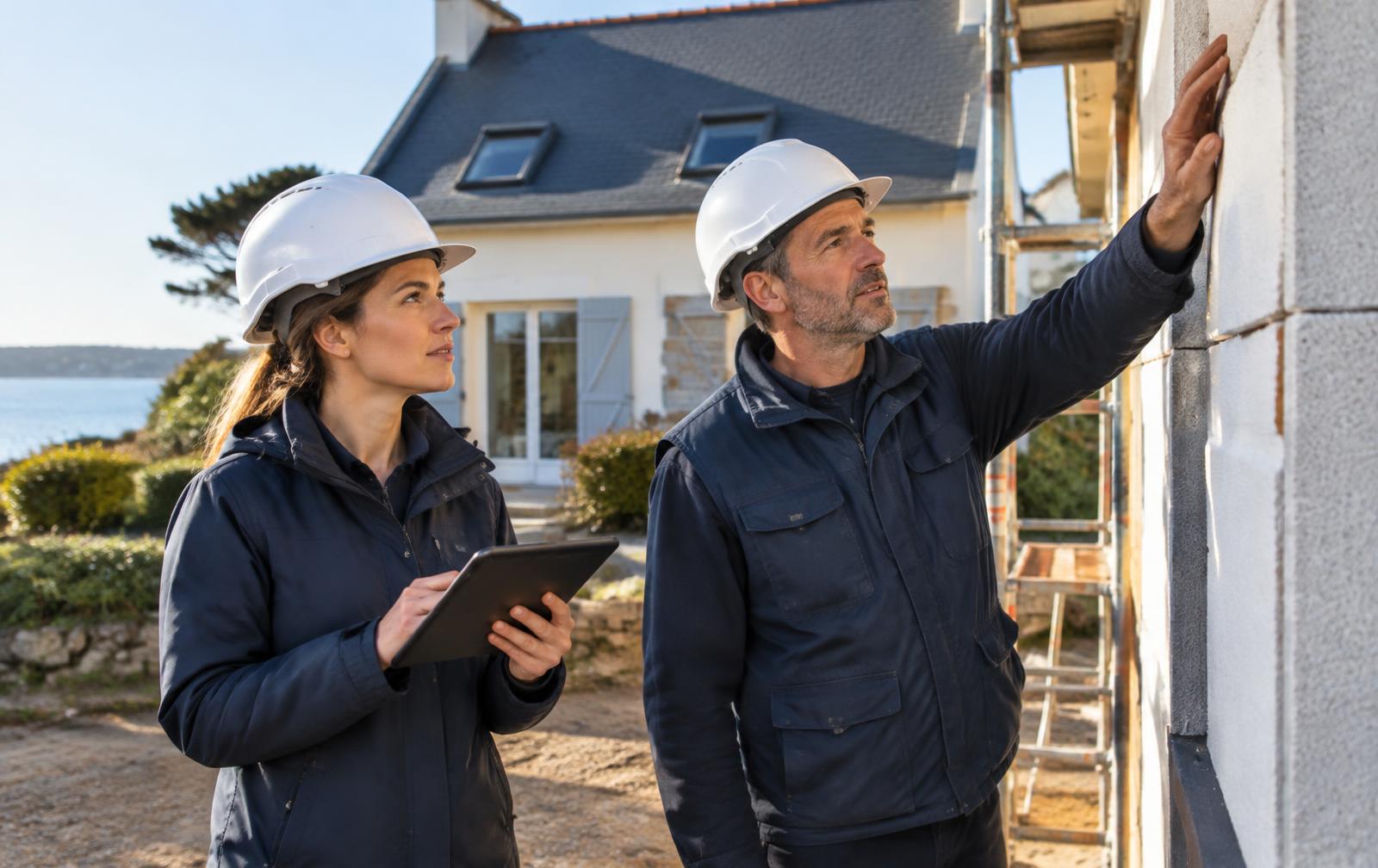 Techniciens étudiant la façade d’une maison