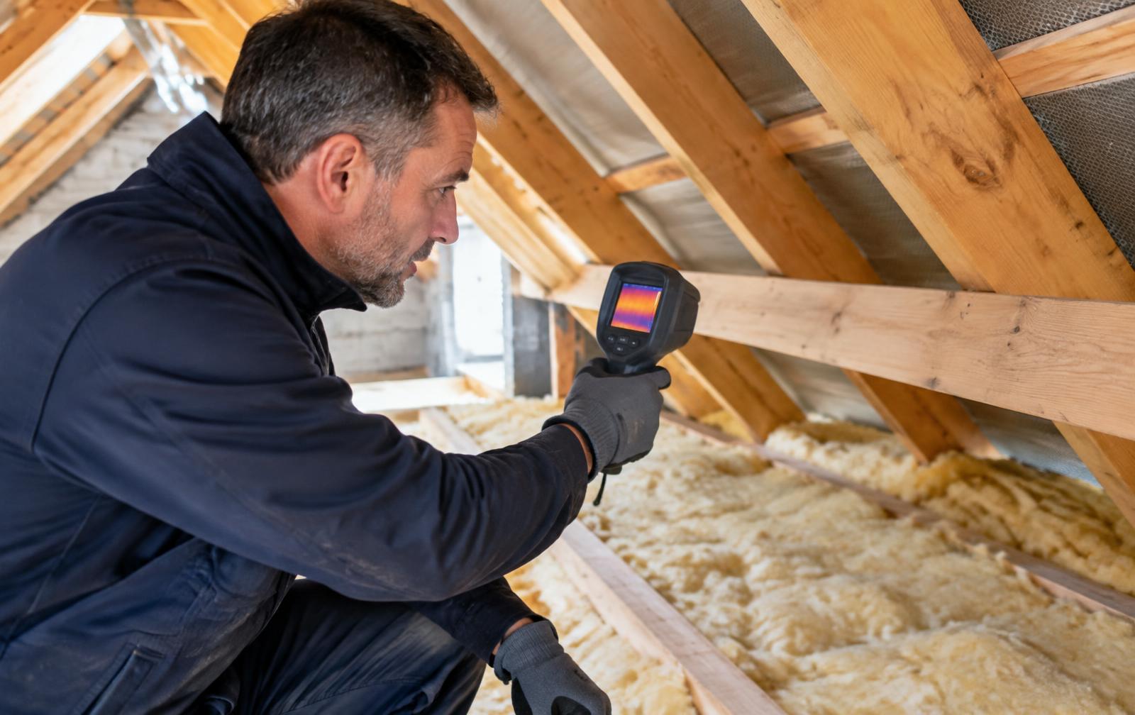 Technicien contrôlant l’isolation de combles